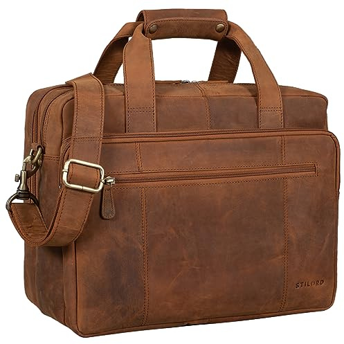 STILORD Experience XL Aktentasche Leder Herren 15,6 Zoll Laptoptasche Business Lehrertasche Große Umhängetasche Arbeitstasche Bürotasche mit Trolleyschlaufe Echtleder Farbe:Cognac - Dunkelbraun