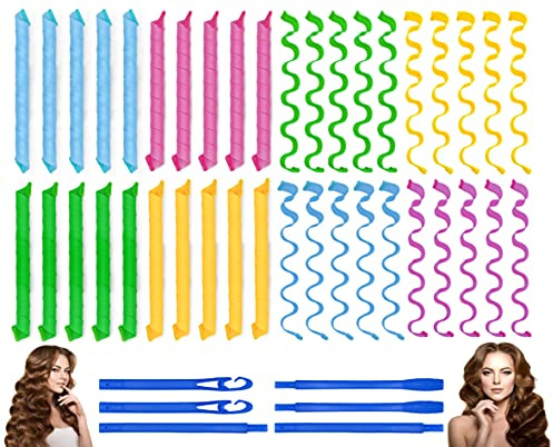 40PCS Hair Curlers Heatless Wave and Spiral Two Styles Formers(22inches) with 6PCS Styling Hooks Magic Hair Rollers No Heat Damage for Women and Kids’ Medium and Long Hair (22inch)