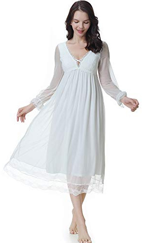 Flwydran Damen Nachthemd,V-Ausschnitt Dessous, Nacht Lange Ärmel Modal Baumwolle mit Spitze Dekoration Nachtkleid Viktorianischer Stil Nachtwäsche