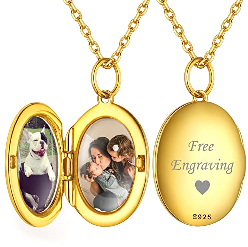 ChicSilver Damen Mädchen Medaillon Anhänger für 2 Foto 925 Silber Personalisierter Herz Fotoanhänger Runde Oval Bilder Amulett mit Ihr Wunschgravur für Paar Pärchen Geliebte