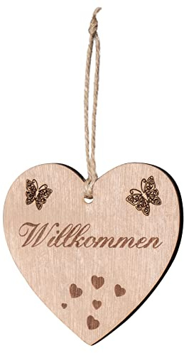 levandeo Willkommen Herz 10x9cm Birkenholz Holzherz Sprüche Welcome Zuhause Deko Holz Anhänger Love Geschenk Deko-Herz Holzdeko Wanddeko