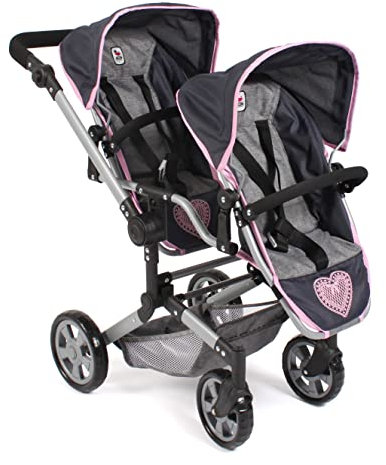 Bayer Chic 2000® Puppenwagen Linus Duo – Melange Grau Navy – Faltbarer Zwillingspuppenwagen – Verstellbarer Griff 50-82 cm – Puppen bis 50 cm – 4-8 J.