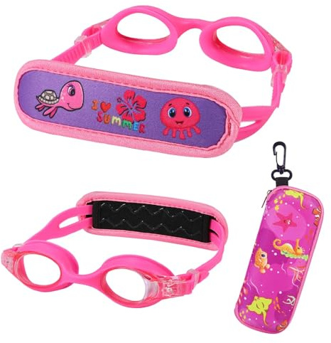 RUIGAO Lunettes de natation pour tout-petits de 2 à 5 ans, sans sangle de tirage pour cheveux, lunettes de natation pour enfants avec étui (rose pour 2 à 5 ans)
