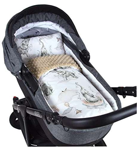 Babylux Babydecke Minky PLÜSCH Kuscheldecke Decke 75 x 60 cm + Kissen 2 TLG Set für Kinderwagen/Wiege (MP127 - Beige + Elefanten)