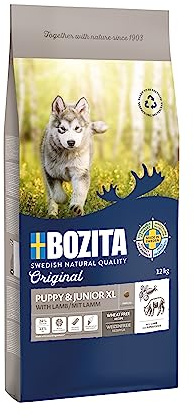 Bozita Hundefutter Original Puppy & Junior XL Lamm – 12 kg weizenfreies Trockenfutter für Welpen, Junghunde sowie säugende Hündinnen größerer Rassen – Ausgewogene Ernährung für gesundes Wachstum