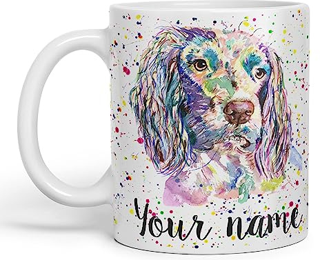 Vixar Personalised with Your Text Spaniel Springer Dog Pet Animals Watercolour Art Coloured Ceramic Mug Cup Gift 330ml 11oz Custom Work Office Tea Coffee (O2) (White)