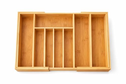 DAMDAM GO Cubertero de Bambú Extensible para Cajón de Cocina – Ajustable de 25,5 a 37 cm, 5–7 Compartimentos, Organizador de Cubiertos para Cajones Pequeños y Medianos