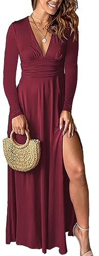 Robe Longue Femme QUNERY Col en V Automne Hiver Bordeaux XXL
