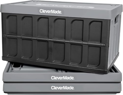CleverMade Collapsible Storage Bins with Lids (46L, 3 Pack) – Stackable Foldable Plastic Storage Crates for Home, Closet & Trunk Organization - Stone