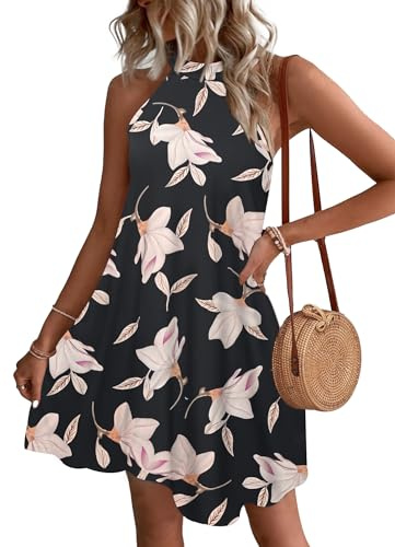 WNEEDU Vestidos de Verano de Las señoras Vestidos Cortos de Playa Halter sin Mangas A-Line Vestidos con Bolsillos Gloria la Mañana L