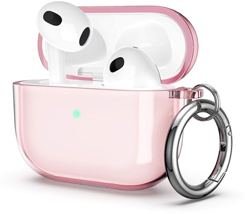 ULAK för Airpods 3-fodral, transparent stötsäkert fodral, tunt skyddsfodral med karbinhake, transparent laddningsfodral för Apple AirPods 3 (LED synlig på framsidan) – rosa