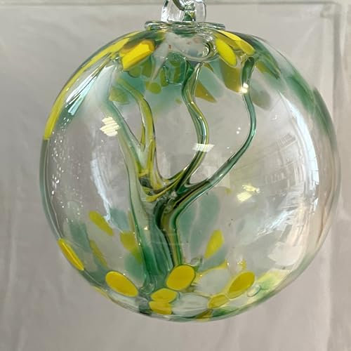 Kugel zum hängen mit Innenleben Bunte Glaskugel Ornament grün gelb klar Fensterdekoration mundgeblasenes Kristallglas Durchmesser ca. 15 cm