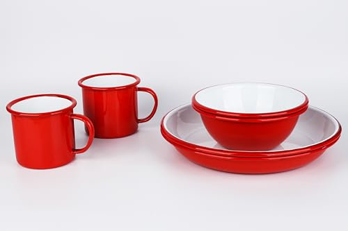 Lost & Found 6 Piece Premium Enamel Set for Two | Bowl Deep Dish Plate Mug | Outdoor Camping Hiking Vanlife Enamelware Dining Mess Kit (Backcountry-Hut Red)