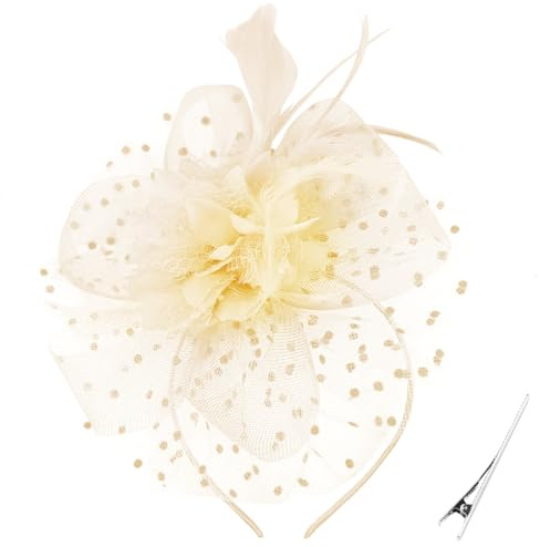 AQOKKA Cappelli Fascinator da Donna con Fiori, Fascinator con Cerchietto e Fermaglio, Copricapo per Tè da Cerimonia per Donne e Ragazze, Beige, Taglia unica