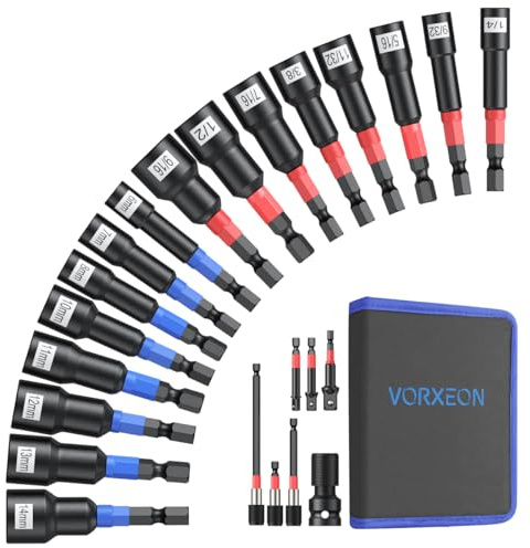VORXEON Magnetisches steckschlüsselsätze 23tlg, Stecknuss Set, 65mm Mittel-Lang Nüsse, 1/4-9/16 Steckschlüssel, 8 Metric, 8 SAE, Adapter & Verlängerungen, Magnetischer Nut Driver, für KFZ, Werkstatt