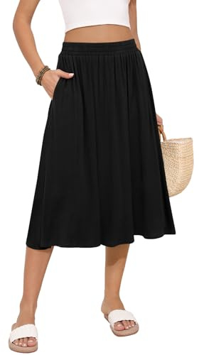 MLXSJ Women's Midi Skirt Summer Flowy Elastic High Waisted Casual Pleated Skirts with Pockets (Black, S)