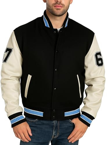 Fashion_First Veste de baseball universitaire pour homme – Veste Detroit College Letterman – Style bomber rétro, légère et chaude, Eddie - Manches véritables, L