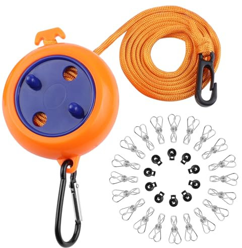 HO-SFSM Stendibiancheria Portatile, Filo per Bucato Allungabile, con 10 Fibbie Fisse e 20 Mollette Antivento, 10M, per campeggio, hotel, giardino, balcone