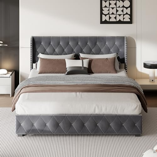 Bett mit Bettkasten, 180 x 200 cm, Lattenrost, gepolstert aus Samt, Doppelbett mit Stauraum, Kontinentalbett, Grau