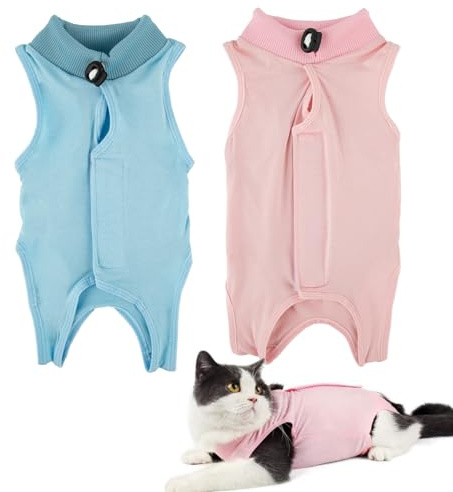 2-pack återhämtningsdräkt för katter, efter kirurgi katt onesie för kattungar, andas anti-slickande kattungar kroppsdräkt, spay kirurgisk återhämtning kläder för magsår hudsjukdomar, Elizabethan
