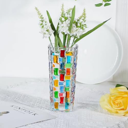 Innjoii - Jarrón de cristal colorido para flores, rectangular de 19,5 cm, pintado a mano, cuadrado, en relieve, para flores, terrario de plantas, portavelas, vasos para el hogar, boda, oficina