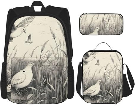 OXKGHHO Juego de mochila de trabajo con estampado de hierba y paloma con lonchera aislada, correas ajustables, para gimnasio y uso diario, Negro -, Talla única