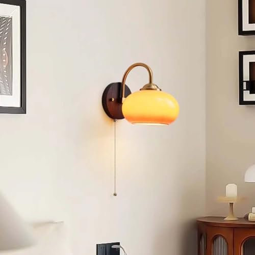 LOGT Orange Wandleuchte Glas Lampenschirm mit Schalter Wandlampe Holz Runde Deko Vintage Wandbeleuchtung Retro Rustikal Nachttischlampe Zugschalter Moderne Design für Wohnzimmer ESS Schlafzimm