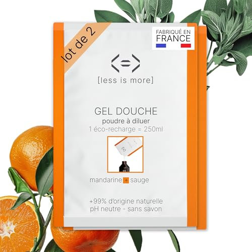 Less is More, Gel Douche Naturel en Poudre à Diluer, Mandarine/Sauge, sans SLS, sans Savon, 2 Recharges Ecologiques sans Plastique à Usage Unique, 500ml à Reconstituer, Made in France, DIY Gel Douche
