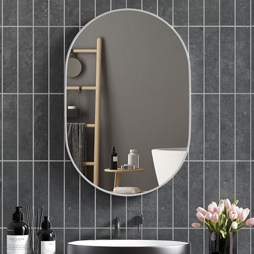 HOMCOM Espejo de Baño Ovalado 60x90 cm con Marco de Aluminio Plata | Espejo de Pared Decorativo, Horizontal o Vertical, para Salón Entrada Pasillo