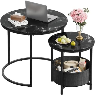 WLIVE Couchtisch 2er Set, Beistelltisch Rund mit Stauraum, Wohnzimmertisch Holz mit Metallrahmen, Sofatisch für Wohnzimmer Schlafzimmer (Marmor Schwarz, 60 cm und 40 cm Durchmesser)