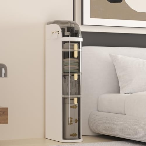 Furnestorica Badezimmerschrank mit 4 Schubladen, Wasserdichter Küchenschrank mit schmalen Rädern, Kleiner Schrank für Toilettenpapier, platzsparender Kunststoffschrank, Slim Beistellschrank