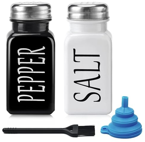 Salt and Pepper Shakers Set, 2PCS Glass Salt and Pepper Shakers, Salt and Pepper Set with Funnel and Small Brush for Kitchen BBQ Camping Restaurant Dining Table