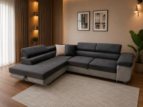 KMK GNYCH Sofa Aston 272x203x88 cm, Schlaffunktion, Dunkelgrau, Grau, Links | L-Form Sofa, Modern Couch mit Bettkasten, Weiches Ecksof fürs Wohnzimmer, Schlafsofa, Eleganter Monolith Stoff