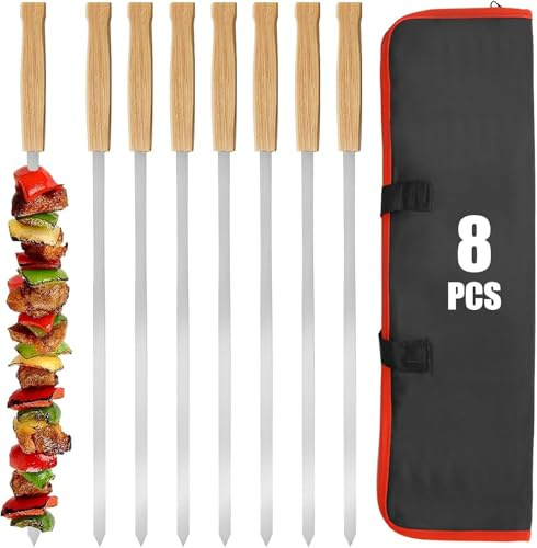 8 stycken platta grillspett rostfritt stål 42 cm extra långa kebabspett, Adana turkisk kebab-spett, grilltillbehör, köttspett med ficka