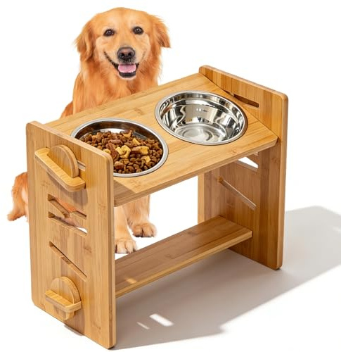 Gamelle Chien Surélevée Réglable à 7 Hauteurs, Support de Gamelle en Bambou avec 2 Bols en Acier Inoxydable, Pieds Antidérapants et Inclinaison à 15°, Station d’Alimentation pour Chiens et Chats