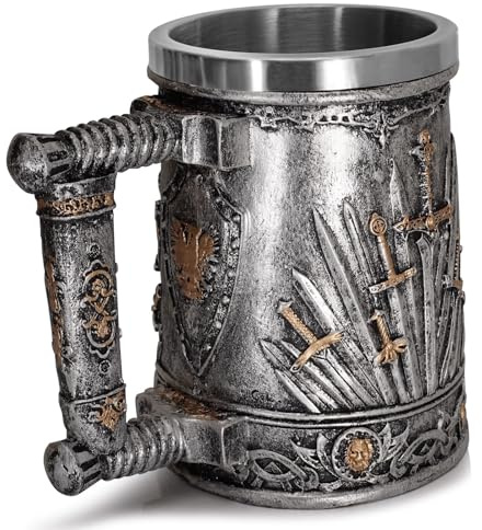 TONSHEN Tazza da Birra Caffè Medievale, 600ml Boccale Birra in Acciaio Inox, Motivo Norreno Vichinga Stile, Regalo per Uomo, Gotico Tazza da Caffè