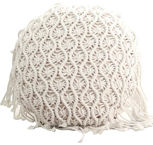 Odoukey Federa per cuscino di forma rotonda intrecciata a mano, fodera per cuscino in macramè con nappa per divano letto, decorazione per la casa, crema