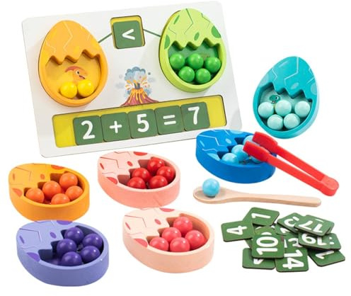 HGZLQKD Children Counting Game Wooden Dinosaur Egg Sorting Board Set With Number Tiles Beads Tongs And Spoon Engages And Counting Tasks Suitable for classroom stations home education