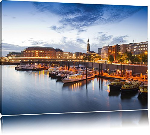 Pixxprint Dark Hamburger Hafen am Abend, Kunstdruck auf Holzrahmen, Größe: 60x40cm, Leinwandbild, fertig gespannt, Wandbild, Dekoration, Kunstdruck, kein Poster