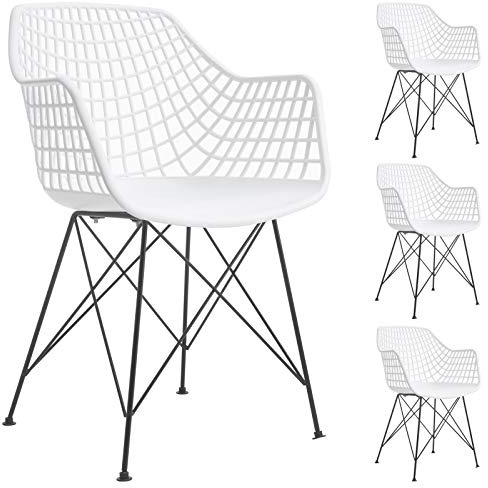 IDIMEX Lot de 4 chaises Alicante pour Salle à Manger ou Cuisine au Design Retro avec accoudoirs, Coque en Plastique Blanc et 4 Pieds croisé en métal laqué Noir