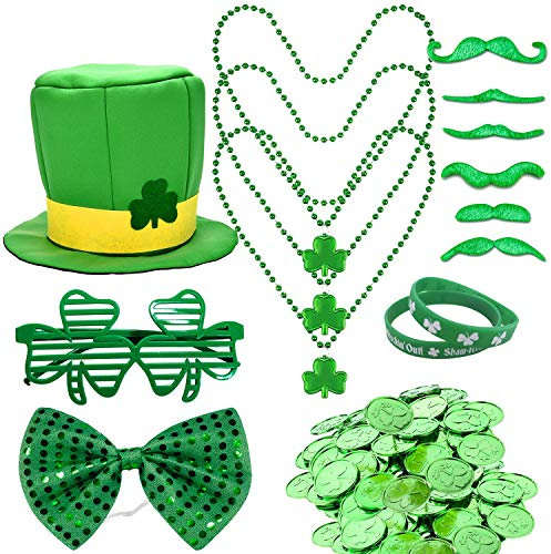 Sayala St Patrick's Day Accessory Set,Irish Shamrock Hut Kobold Zylinder und Bart,Gummibänder Armbänder, Mustache,Shamrock Gläser,Shamrock-Münzen Irish Day Zubehör