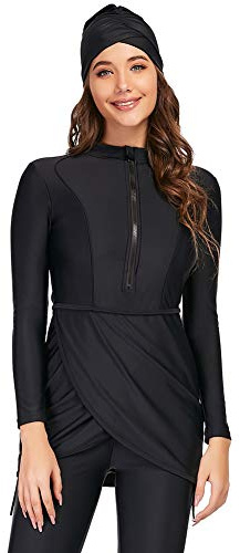 Floral Women's Modest Swimsuit Long Sleeve Bathing Suit Burkini Muslim Swimwear Rash Guard Surfing S-4XL (Large) Black