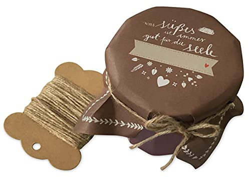 25 Marmeladendeckchen - süßes für die Seele - Gläserdeckchen Braun Weiß für Marmelade, Marmeladengläser & Einmachgläser, Recyclingpapier Abreißblock + 10 m Jute Garn + Justiergummi