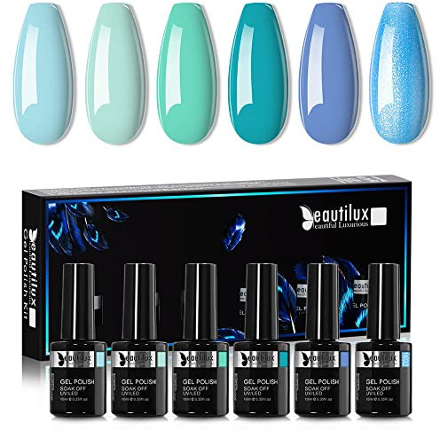 Beautilux Gel Nagellack Semipermanent TPO&HEMA Frei Blau, 6 Farben 10ml Soak Off HEMA-FREE Hellblaue Gel Nagellack Set für Home-Maniküre Nail Art Maniküre (YT-14)