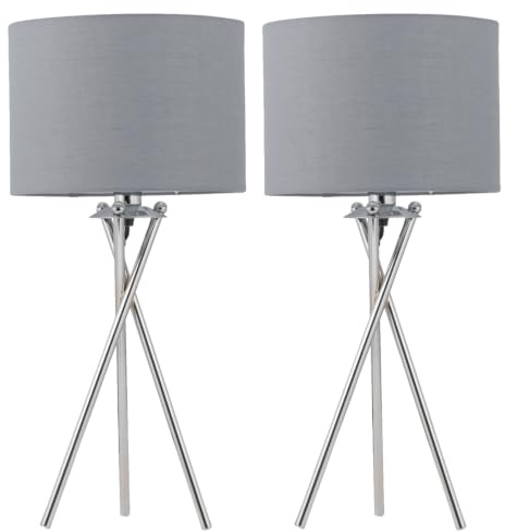 Set of 2 Chrome Tripod Table Lamps with Grey Cotton Shades