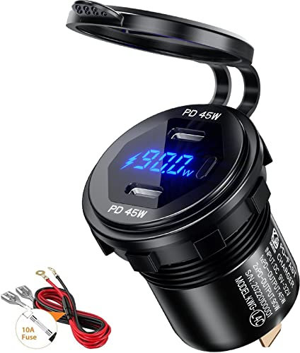 Thlevel KFZ Ladegerät Type C Steckdose 12V-24V 90W Auto Dual Port PD mit LED Digital Voltmeter Anzeige und Schalter Handy Schnellladung Wasserdicht für Fahrzeuge Boot Motorrad