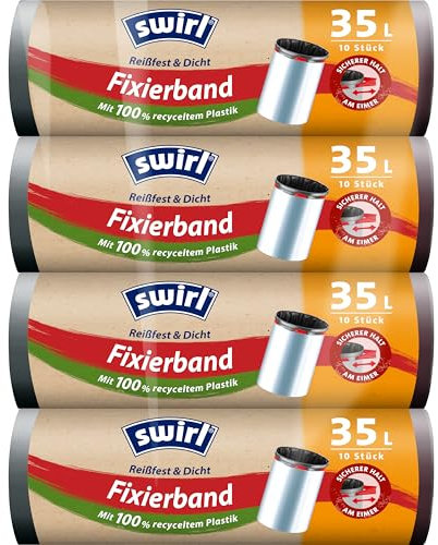 Swirl Reißfest & Dicht Fixierband Müllbeutel 35 l (4 x 10 Beutel), tropfsichere Müllsäcke für den Hausmüll, reißfeste Mülltüten für sicheren Halt am Mülleimer