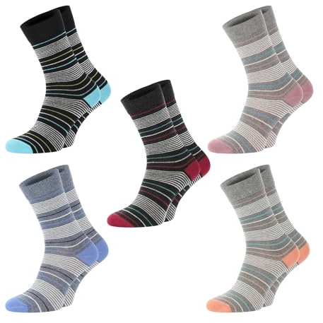 Chili Lifestyle Streifen Socken Damen, Weichbund ohne Gummidruck, recycelte Baumwolle, Ringelsocken, 5 Paar, schwarz grau jeansblau, 35-38 / 39-42
