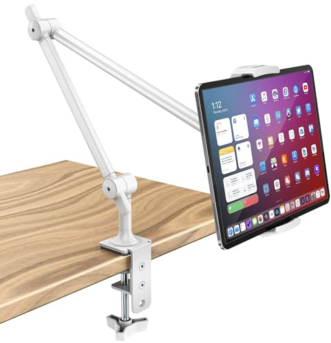 AboveTEK Hochwertige Tablet-Halterung, Verstellbare Tablet Ständer Arm mit 360°-Drehung für Schreibtisch und Bett, Handy-Ständer kompatibel mit 4,7-13,5 Zoll iPad Pro Air Mini Galaxy Tab - Weiß