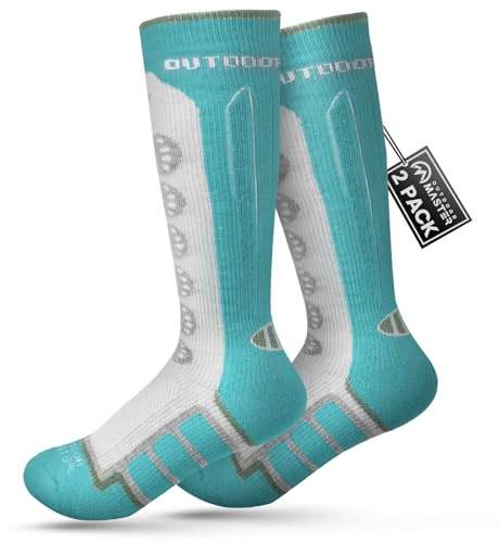 OutdoorMaster Kids Ski Socks, 2-Pack Merino Wool Winter Compression Thermal Socks with Boys & Girls, Over The Calf Non-Slip Cuff